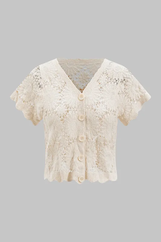 Knit V-Neck Hollow-Out Short-Sleeve Top sold by Micas