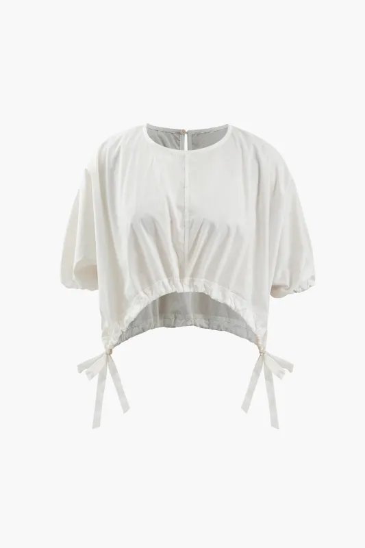 Solid Bow Drawstring Round Neck Short Sleeve T-Shirt sold by Micas