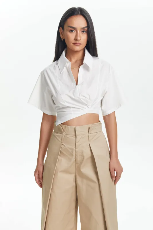 Solid V-Neck Asymmetrical Cropped Short-Sleeve Shirt sold by Micas