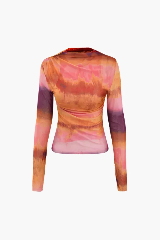 Mesh Contrast Print Ruched Long-Sleeve Top sold by Micas