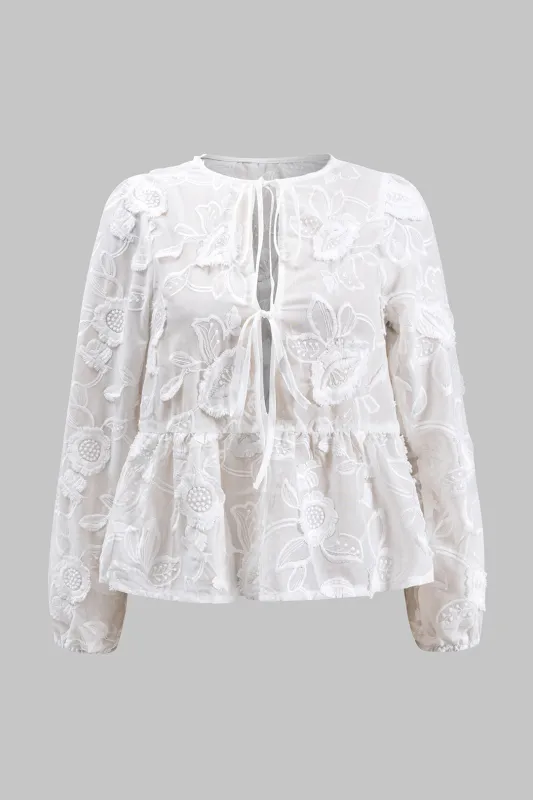 Floral Embroidery Tie-Up Cut Out Long-Sleeve Shirt made by Micas