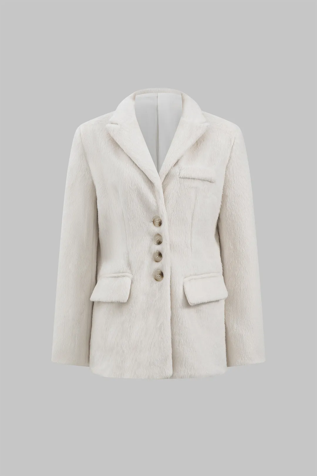 Solid Faux Plush Lapel Button Coat sold by Micas