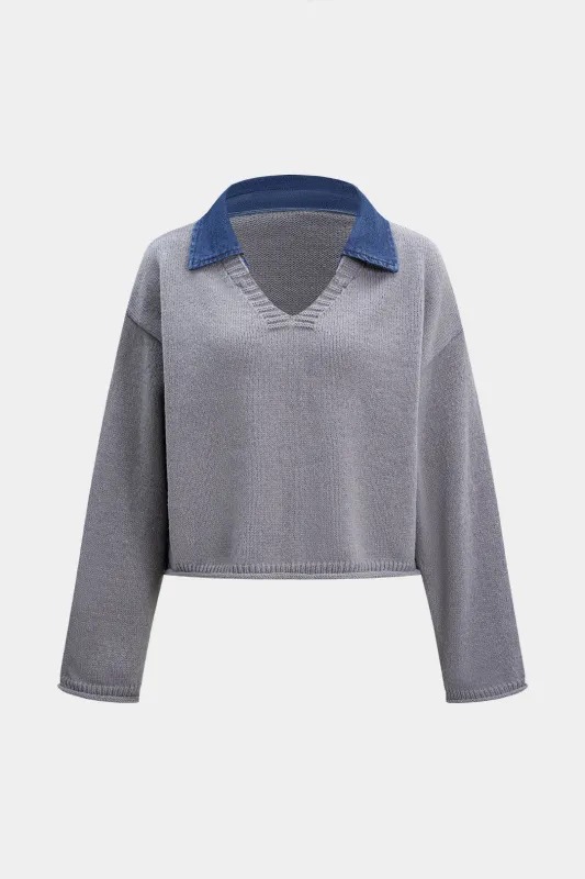 Knit Patchwork Lapel Long-Sleeve Top sold by Micas