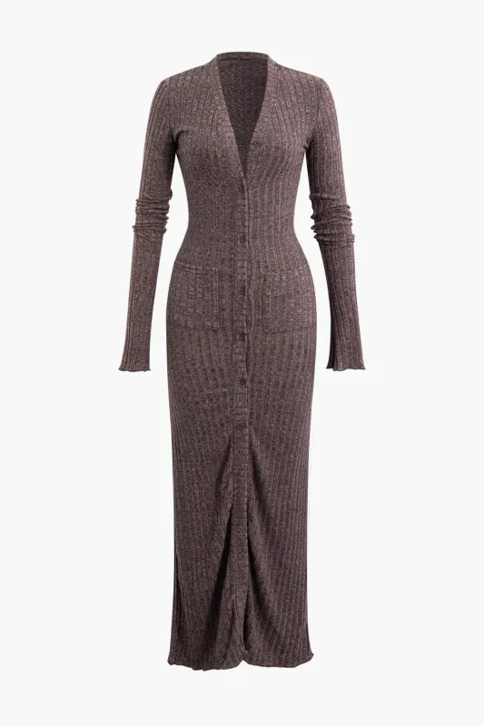 Knit Button Ruched Pocket Long Sleeve Dress sold by Micas