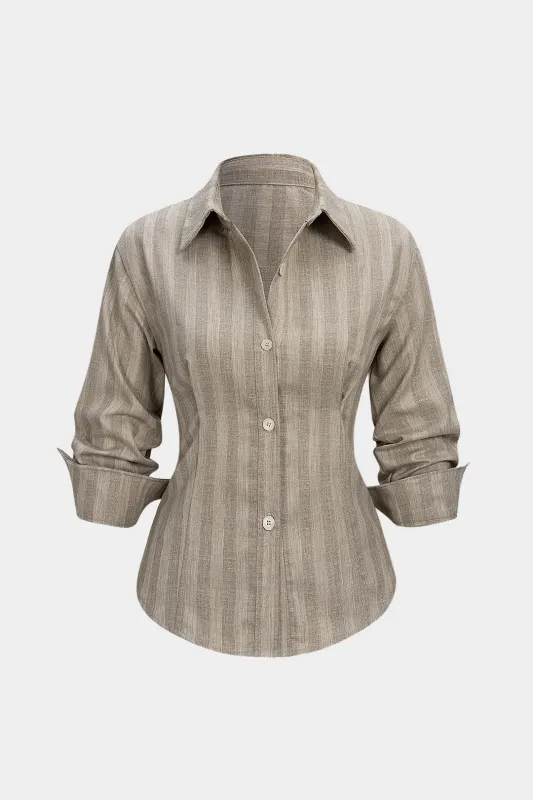 Linen Stripes Print Button Tie-Back Short-Sleeve Shirt sold by Micas