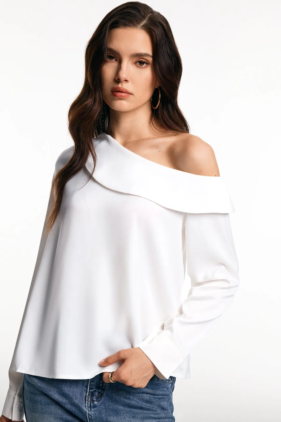 Satin One Shoulder Asymmetrical Long-Sleeve Shirt sold by Micas product image thumbnail 2