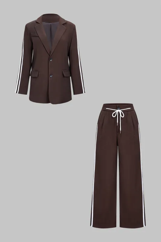 Contrast Notched Lapel Blazer And Tie-Up Wide Leg Pants Set sold by Micas