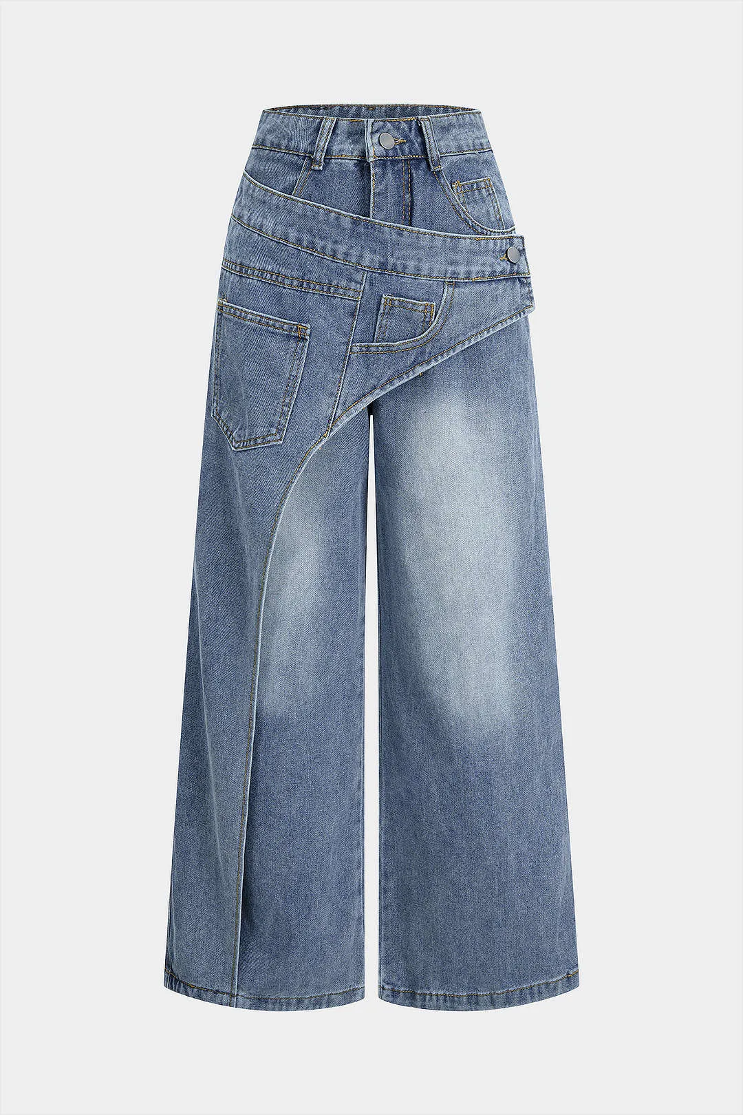 Denim Button Zipper Pocket Straight Leg Jeans sold by Micas