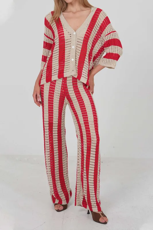 Knit Cut Out Contrast Short-Sleeve Top And Pants Set sold by Micas