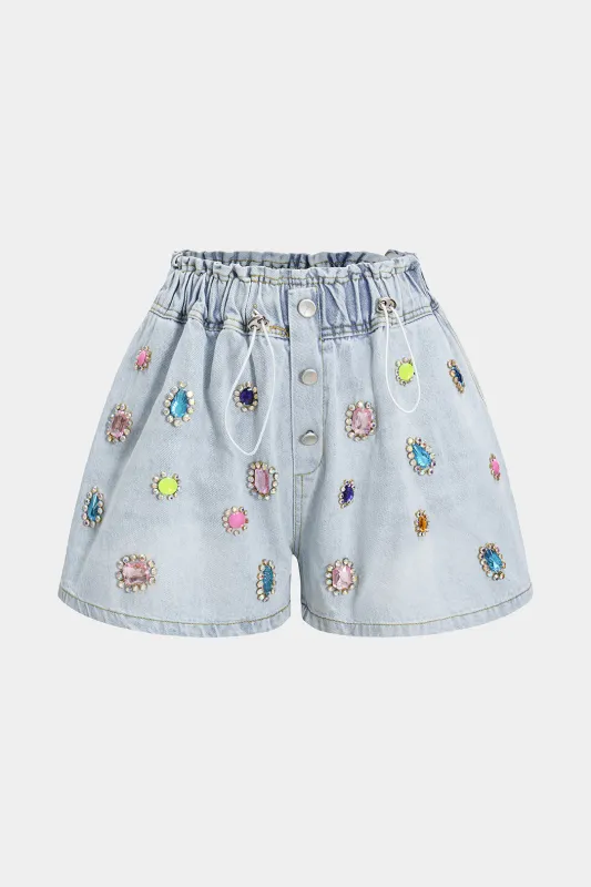 Denim Rhinestone Decor High Waist Wide Leg Shorts sold by Micas