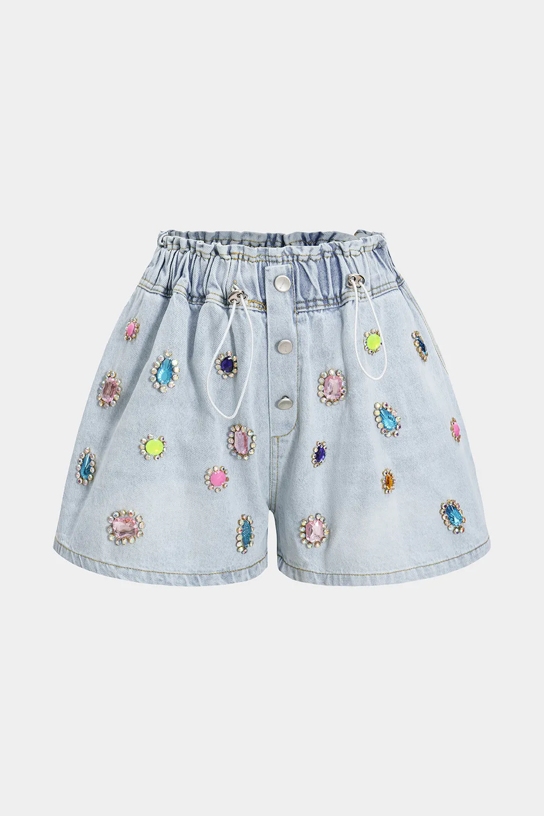 Denim Rhinestone Decor High Waist Wide Leg Shorts sold by Micas