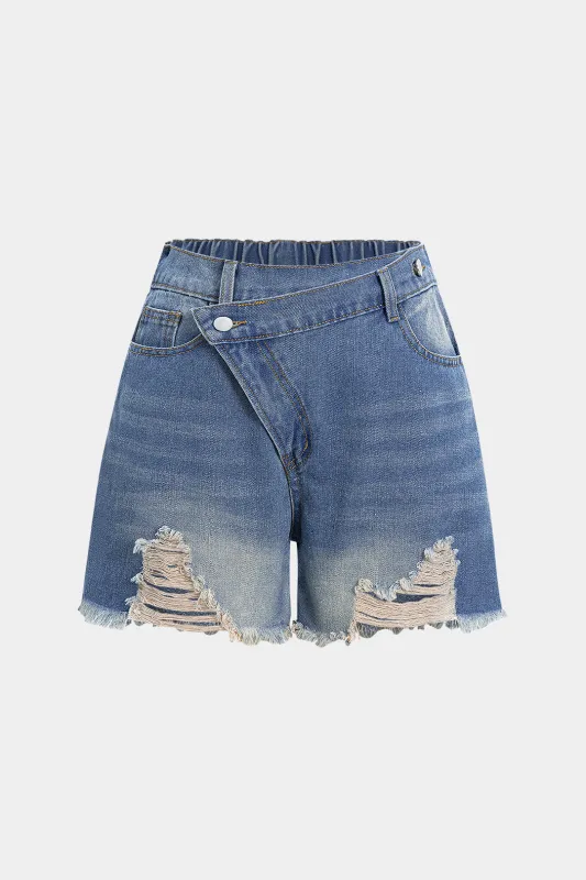 Denim Frayed Irregular Cutoff Shorts sold by Micas