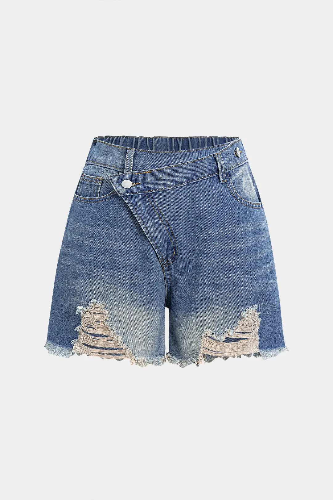 Denim Frayed Irregular Cutoff Shorts sold by Micas