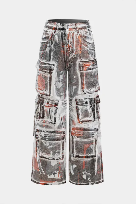 Denim Letter Print Tie Dye Pocket High Jeans sold by Micas