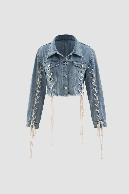 Denim frayed Tie-Up Button Jacket sold by Micas