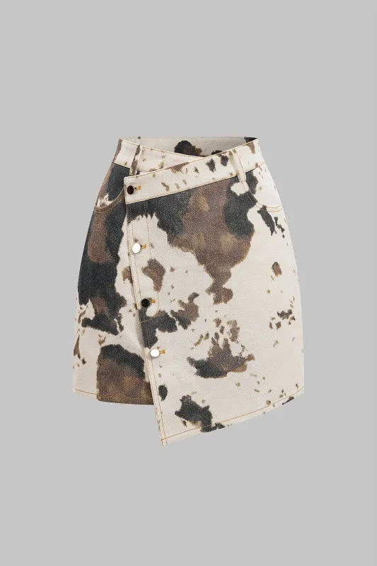Denim Abstract Splatter Print Asymmetrical Button High Waist Skirt made by Micas