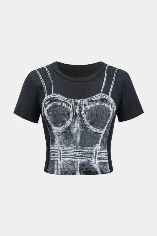 Knit Illusion Print Short Sleeve Top sold by Micas