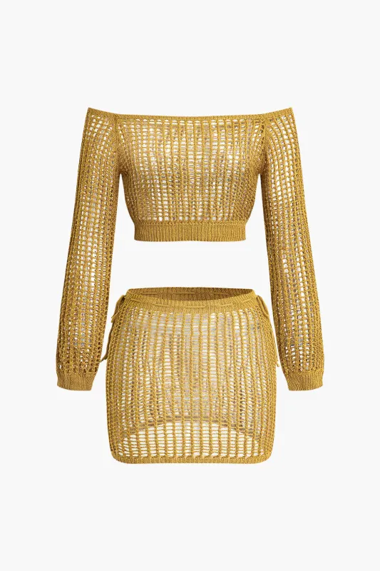 Knit Cut Out Off Shoulder Long Sleeve Top And Mini Skirt Set sold by Micas