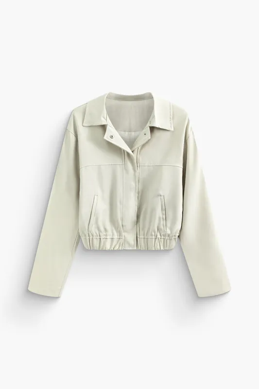 Solid Lapel Button Shirred Cropped Jacket sold by Micas