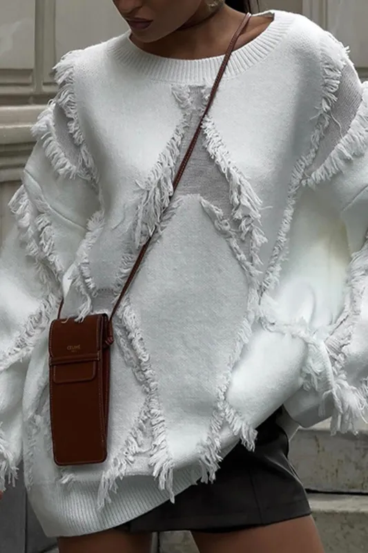 Knit Fringe Cut Out Long-Sleeve Top sold by Micas