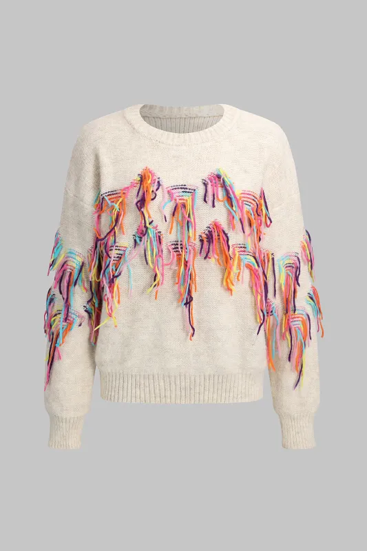 Knit Fringe Decor Long-Sleeve Top made by Micas