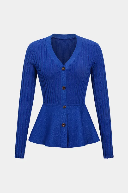 Knit V-Neck Ribbed Ruched Hem Long-Sleeve Top sold by Micas