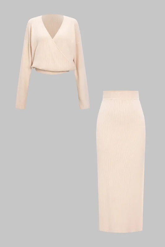 Knit Cross V-Neck Long Sleeve Top And Skirt Set sold by Micas