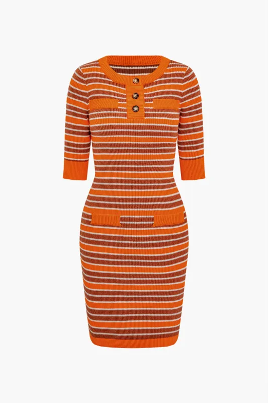 Knit Round Neck Stripes Contrast Short Sleeve Dress sold by Micas