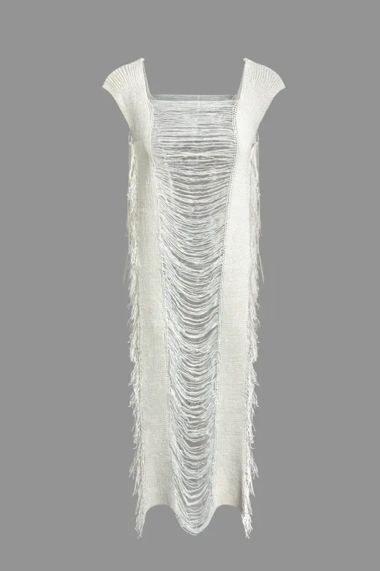 Knit Fringe Cut Out Ripped Sleeveless Dress sold by Micas