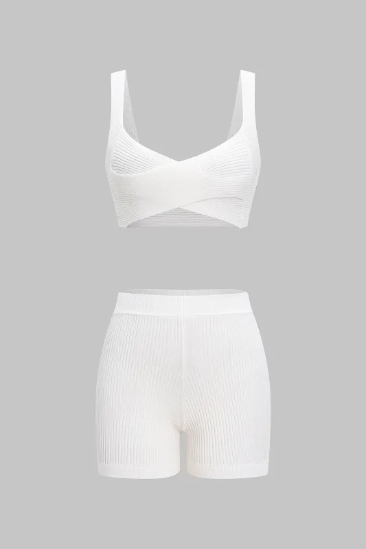 Knit Solid Crossed Cami Top And Shorts Set sold by Micas
