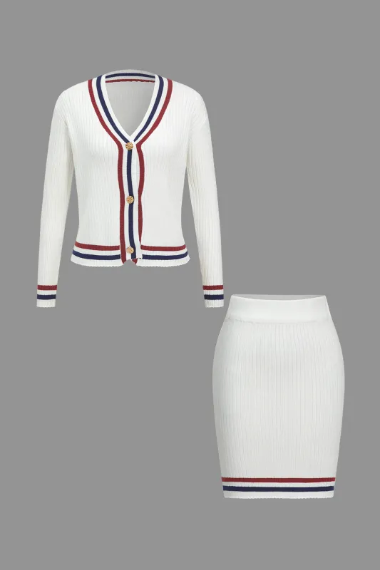 Knit Contrast Binding Ribbed V-Neck Cardigan And High Waist Skirt Set made by Micas