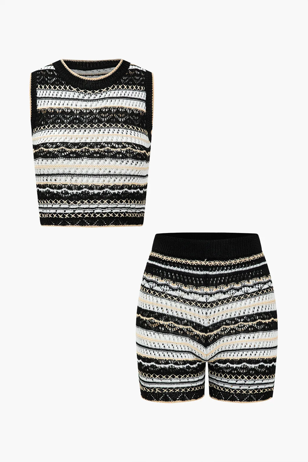 Knit Contrast Stripes Hollow Out Tank Top And Shorts Set sold by Micas