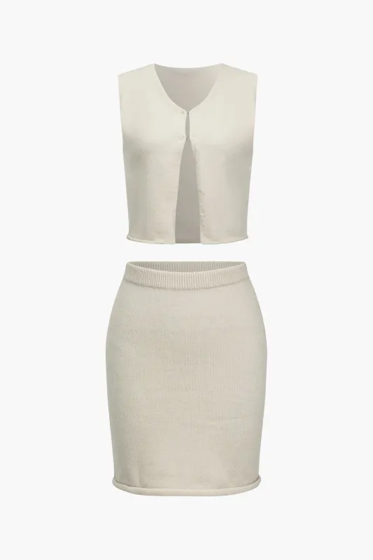Knit Solid V-Neck Tank Top And Mini Skirt Set sold by Micas