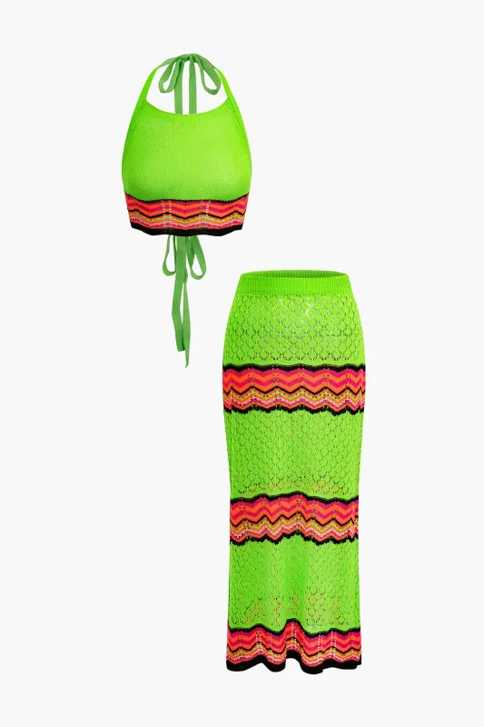 Knit Contrast Cut Out Tie Back Backless Cami Top And Skirt Set sold by Micas