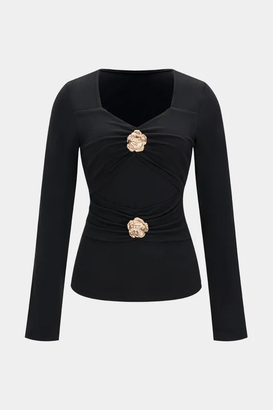 Metallic Decor Ruched Long-Sleeve Top sold by Micas