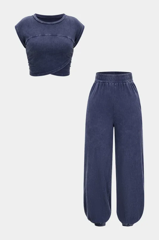 Solid Short-Sleeve Top And Shirred Waistband Pants Set sold by Micas