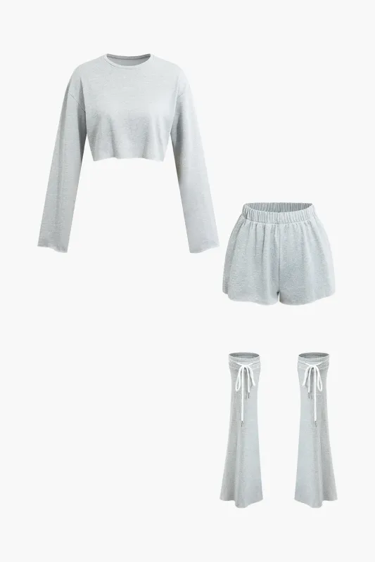 3PC Solid Long Sleeve Top And Tie-Up Leg Shorts Set sold by Micas