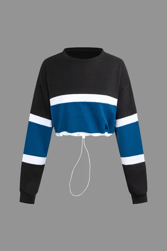 Color Block Drawstring Cropped Long-Sleeve Top sold by Micas