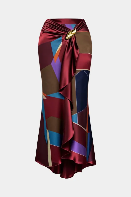 Satin Plaid Contrast Print Metallic Decor Ruched Skirt sold by Micas