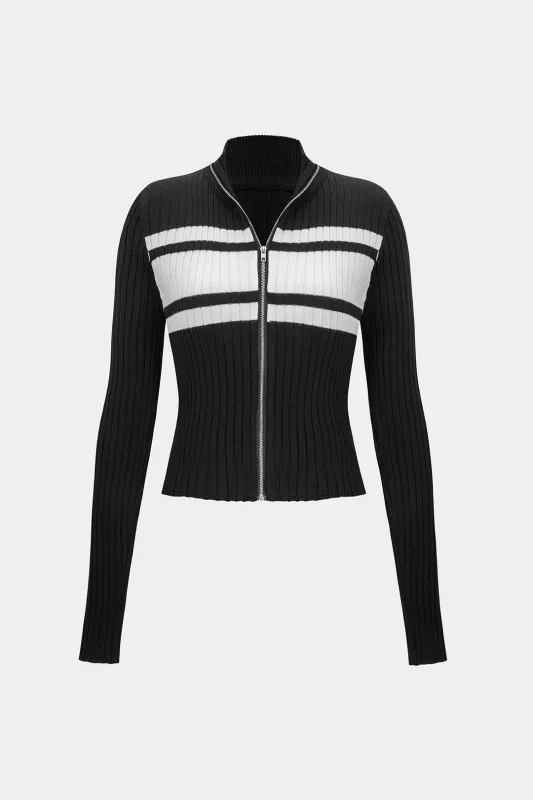 Knit Contrast Zipper Long-Sleeve Top sold by Micas