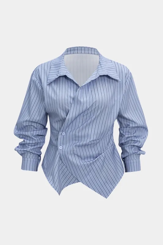 Plus Size Stripes Print Button Asymmetrical Long-Sleeve Shirt sold by Micas
