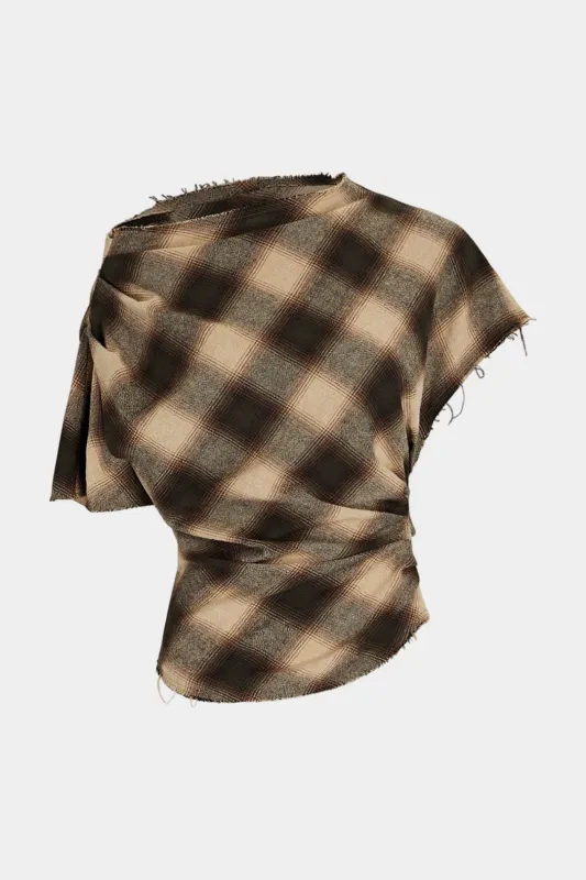 Plaid Print Frayed Edges Asymmetrical T-Shirt sold by Micas