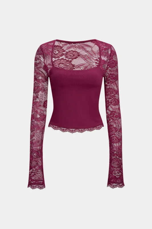 Lace Patchwork Cut Out Long-Sleeve Top sold by Micas
