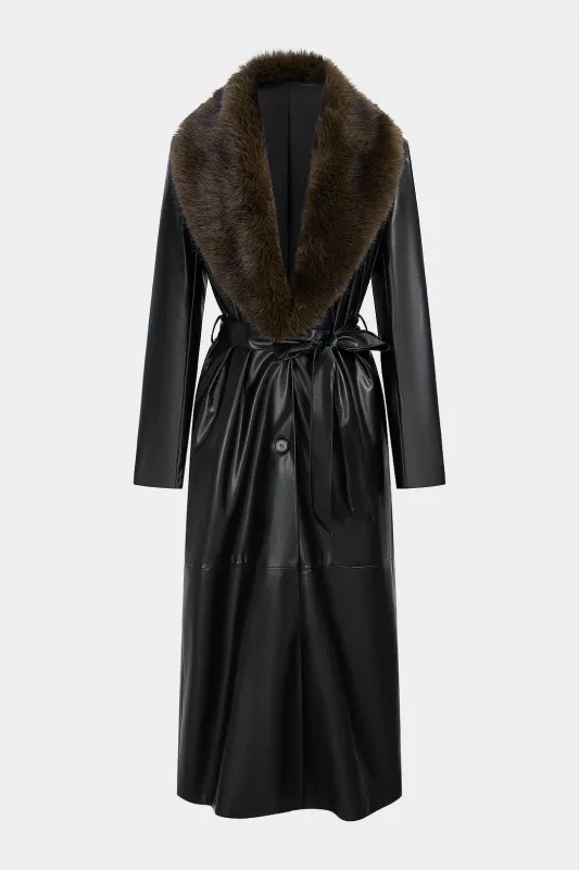 Faux Leather Notched Lapel Belted Coat sold by Micas