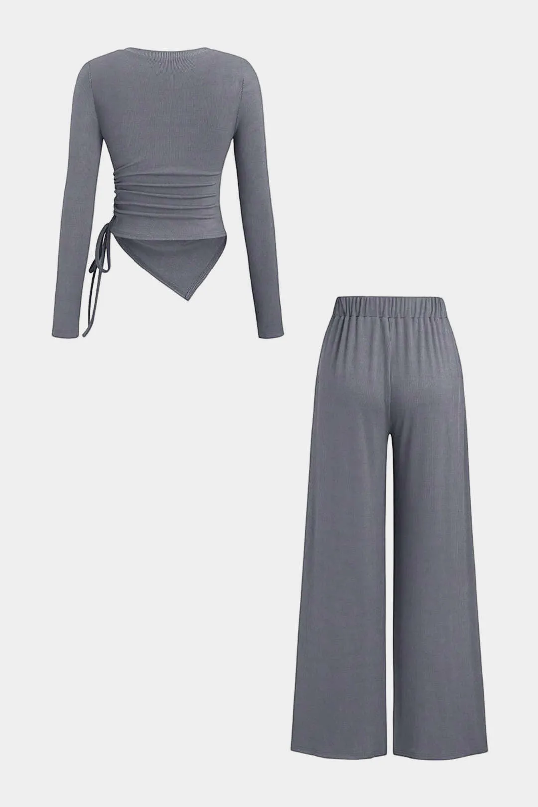 Drawstring V-Neck Ruched Long-Sleeve Top And Wide Leg Pants Set sold by Micas product image thumbnail 2