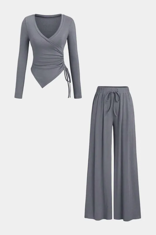 Drawstring V-Neck Ruched Long-Sleeve Top And Wide Leg Pants Set sold by Micas