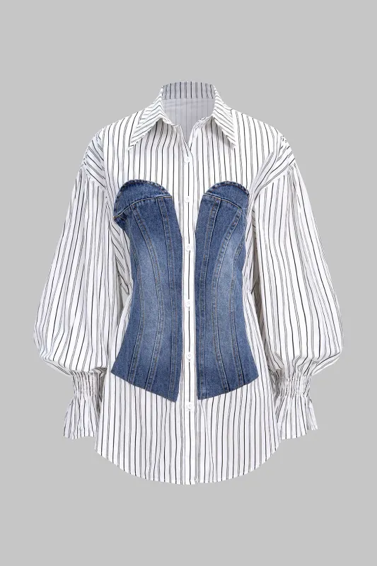 Stripes Print Denim Patchwork Long-Sleeve Shirt sold by Micas