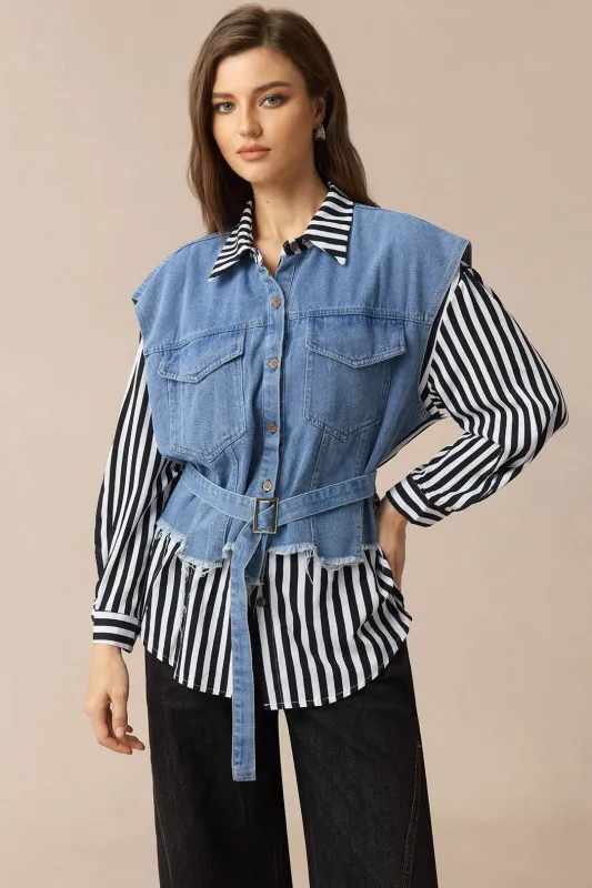 Stripes Print Patchwork Denim Belted Long-Sleeve Shirt sold by Micas