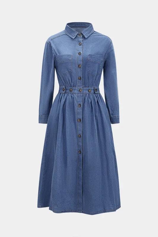 Denim Button High Waist Long Sleeve Dress sold by Micas