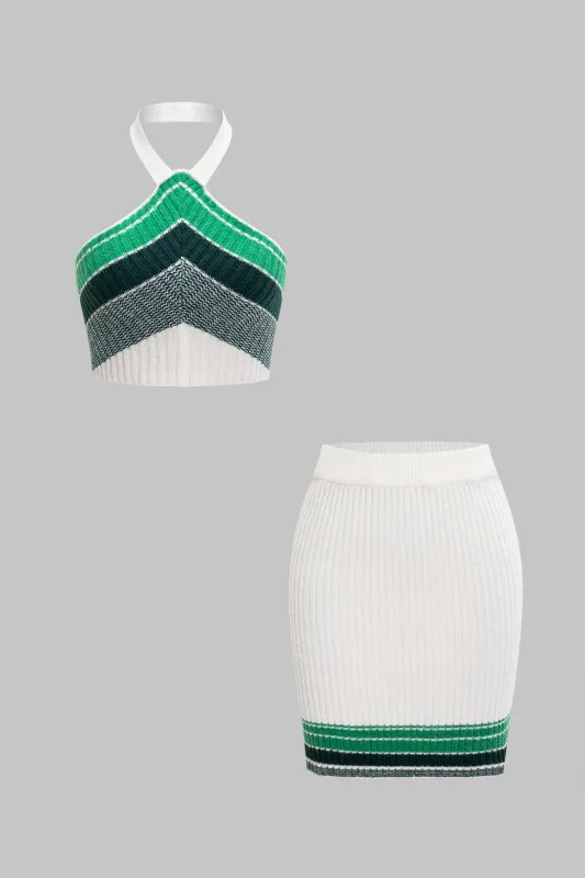 Knit Color-Block Halter Neck Cami Top And Mini Skirt Set sold by Micas